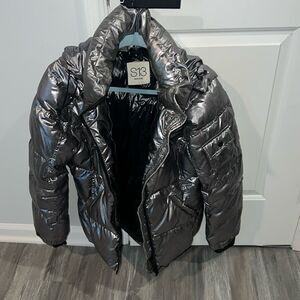 S13 Kylie Metallic Duck Down Feather Detachable Hooded Puffer Jacket